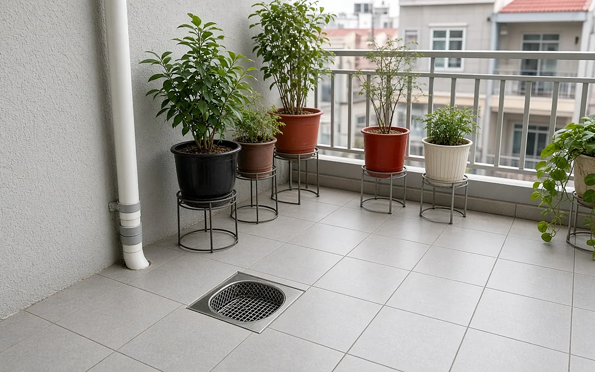 Ban công nhà phố lát gạch xám sạch và khô ráo, phễu thoát nước inox có giỏ lọc lưới mịn, các chậu cây được kê trên giá sắt cao, ống đứng nhựa trắng chạy dọc tường