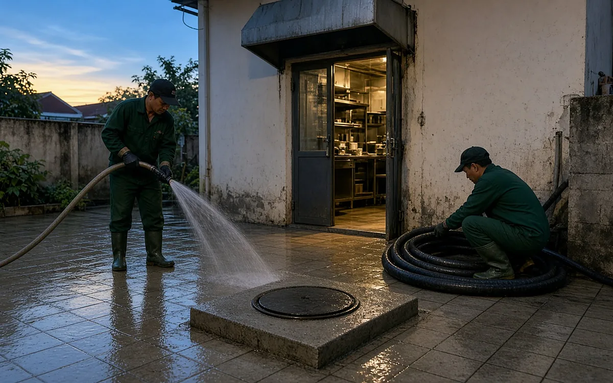 Lúc rạng sáng, kỹ thuật viên đồng phục xanh đậm xịt nước rửa sân lát gạch quanh nắp bể phốt tròn đã đóng kín, người thứ hai ngồi cuộn gọn ống hút đen, cửa sau bếp nhà hàng mở sẵn trước giờ sơ chế