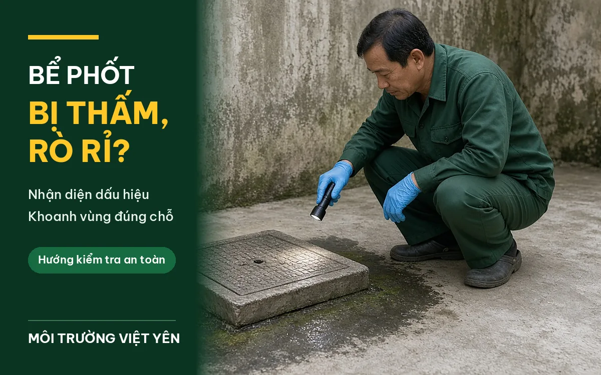 Kỹ thuật viên đồng phục xanh đậm đeo găng tay xanh dương ngồi xổm cạnh nắp bể phốt bê tông trên sân xi măng, soi đèn pin vào vệt ẩm sẫm màu có rêu xanh lan quanh nắp, phía sau là bức tường loang ố, ảnh bìa bể phốt bị thấm rò rỉ