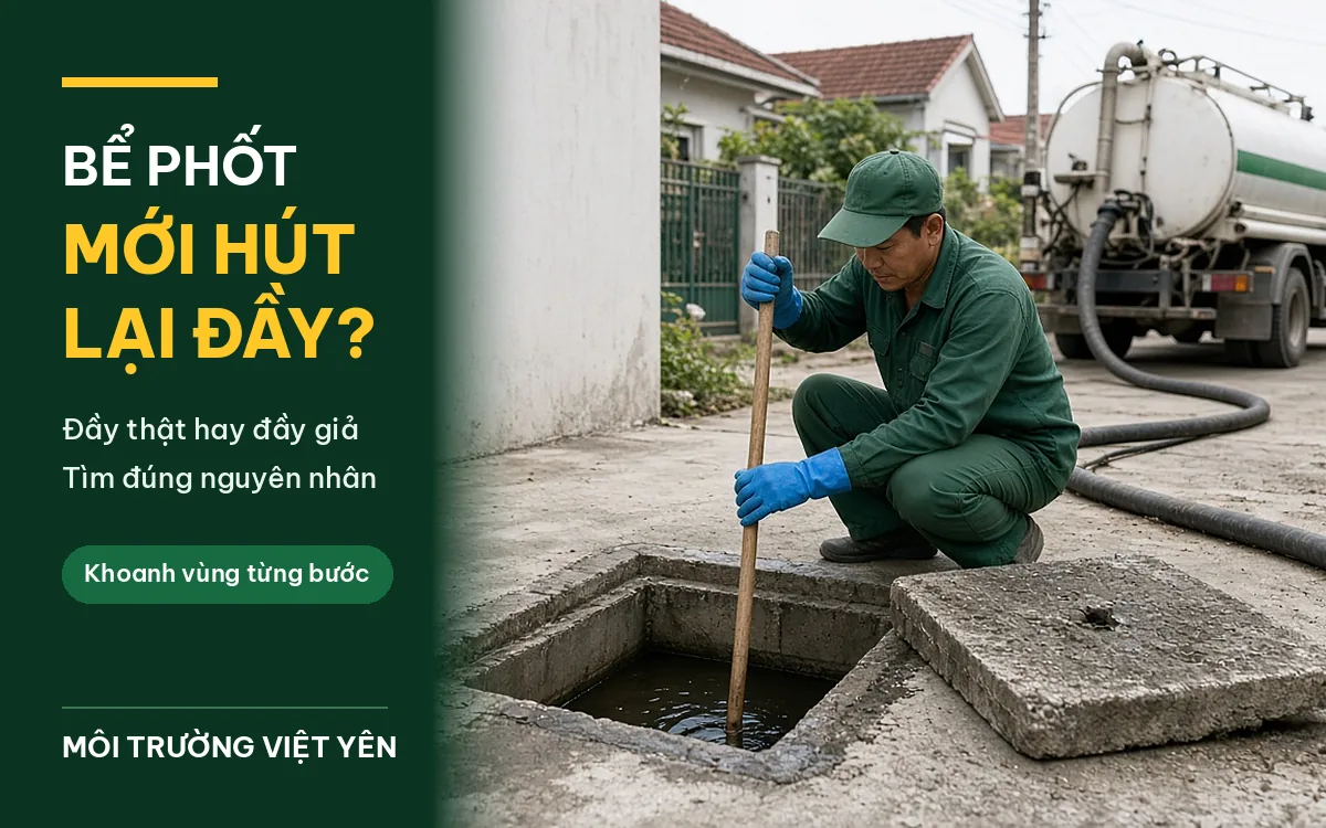 Kỹ thuật viên đồng phục xanh đậm, mũ lưỡi trai xanh, găng tay xanh dương ngồi xổm cạnh bể phốt bê tông vừa mở nắp trên sân xi măng, thả cây gậy gỗ xuống đo mực nước, phía sau là xe hút bể phốt màu trắng sọc xanh và ống hút đen, ảnh bìa bể phốt mới hút lại nhanh đầy