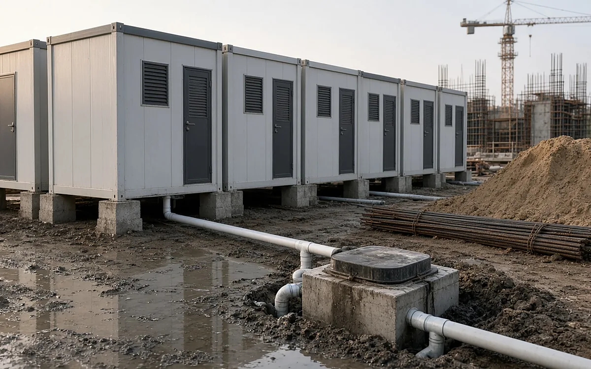Dãy nhà vệ sinh container màu trắng xám kê trên khối bê tông tại lán trại công nhân, ống nhựa PVC dẫn vào một bể phốt tạm bằng bê tông nhỏ, nền đất lầy lội có vũng nước, bó thép và đống cát bên phải, cần cẩu tháp phía sau