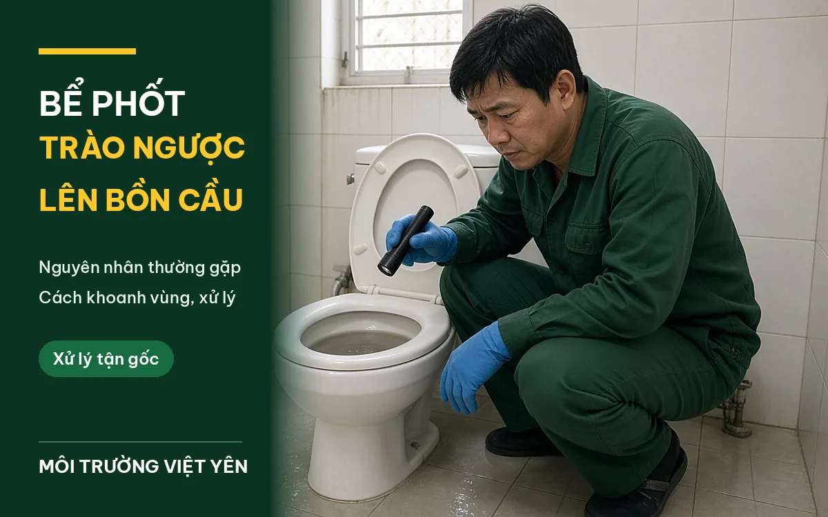 Kỹ thuật viên đồng phục xanh đậm đeo găng tay xanh ngồi xổm cạnh bồn cầu đang mở nắp, cầm đèn pin kiểm tra nước dâng cao trong lòng bồn, phòng tắm lát gạch trắng có phễu thoát sàn, ảnh bìa bể phốt trào ngược lên bồn cầu