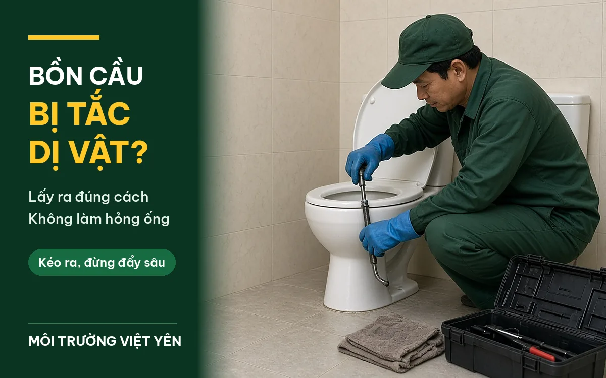 Kỹ thuật viên đồng phục xanh đậm, mũ xanh, găng tay xanh dương ngồi cạnh bồn cầu trắng trong phòng tắm ốp gạch be, đưa dây thông bồn cầu quay tay vào lỗ thoát, hộp dụng cụ và khăn trên sàn, ảnh bìa bồn cầu bị tắc dị vật