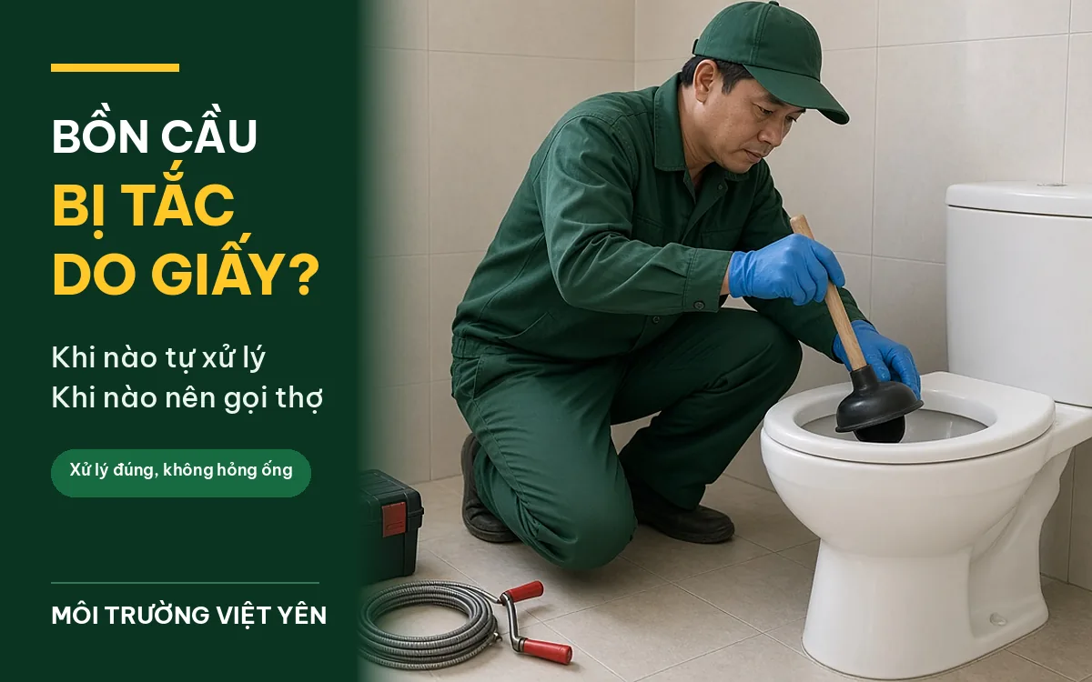 Kỹ thuật viên đồng phục xanh đậm, mũ lưỡi trai xanh, găng tay xanh dương quỳ cạnh bồn cầu trắng trong phòng tắm ốp gạch sáng, dùng cây thụt cao su thông lỗ thoát, cạnh hộp dụng cụ và dây thông bồn cầu quay tay trên sàn, ảnh bìa bồn cầu bị tắc giấy