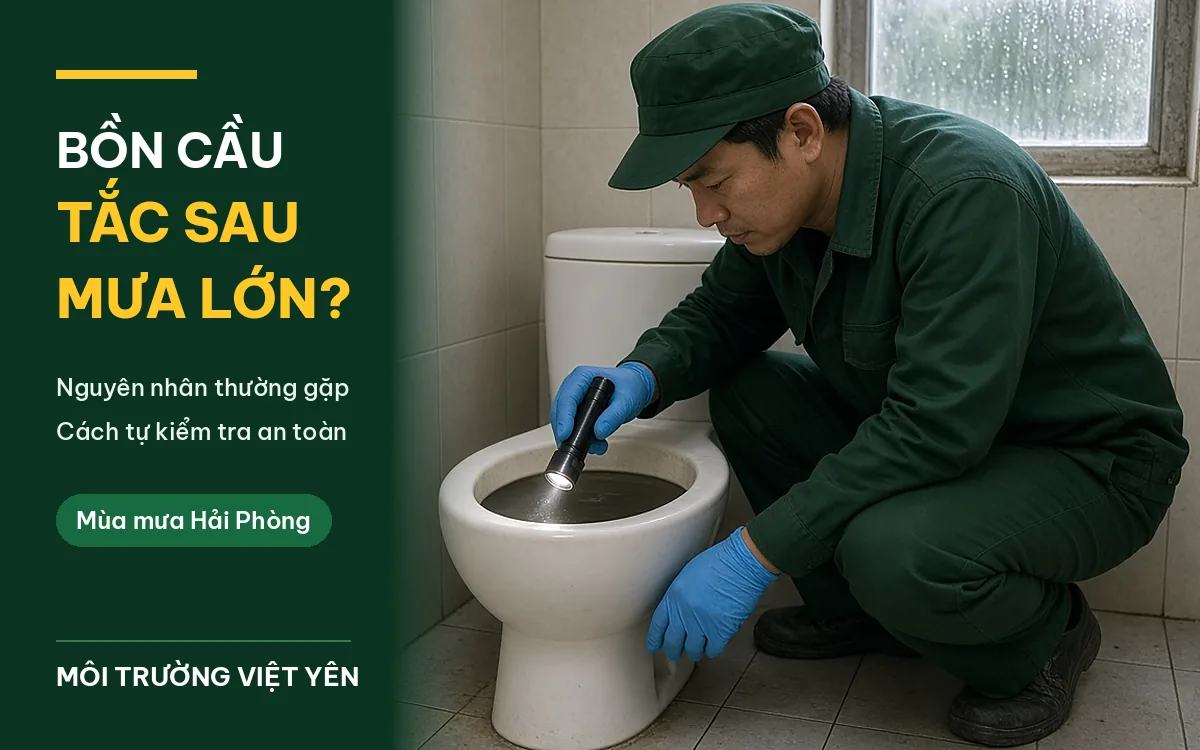 Kỹ thuật viên đồng phục xanh đậm, găng tay xanh dương ngồi cạnh bồn cầu trắng, soi đèn pin vào lòng bồn có mực nước dâng cao, ngoài cửa sổ trời đang mưa, ảnh bìa bồn cầu tắc sau mưa lớn