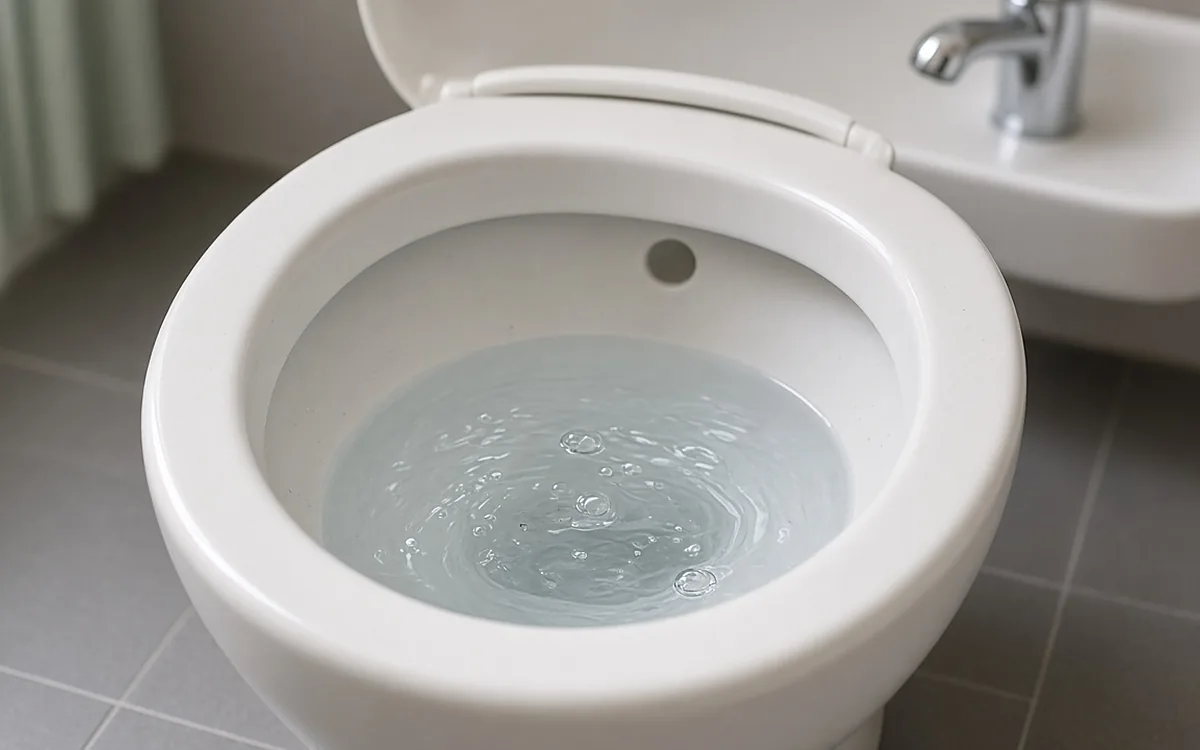 Cận cảnh lòng bồn cầu sứ trắng có mặt nước gợn sóng và nhiều bọt khí nhỏ nổi lên, phía sau là chậu rửa mặt sứ trắng với vòi inox, nền lát gạch xám trong nhà vệ sinh