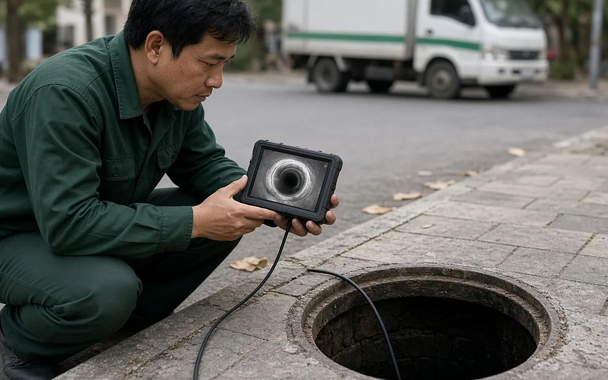 Kỹ thuật viên ngồi cạnh hố ga đã mở nắp, cầm màn hình hiển thị hình ảnh lòng ống từ camera nội soi đang kiểm tra hệ thống thoát nước