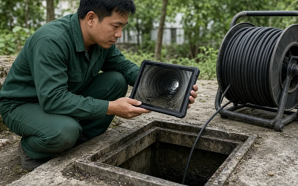 Kỹ thuật viên cầm màn hình xem hình ảnh lòng ống từ camera nội soi thả xuống hố ga, cuộn cáp camera đặt bên cạnh