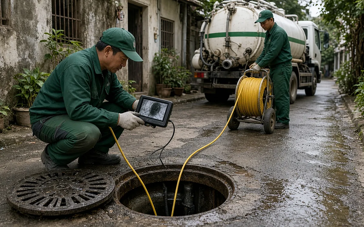 Kỹ thuật viên mặc đồng phục xanh đậm, đội mũ lưỡi trai ngồi xổm bên hố ga tròn đã mở nắp trong ngõ nhà dân, cầm màn hình camera nội soi theo dõi hình ảnh lòng ống, đồng nghiệp phía sau giữ cuộn dây cáp màu vàng, xa hơn là xe bồn hút màu trắng sọc xanh lá