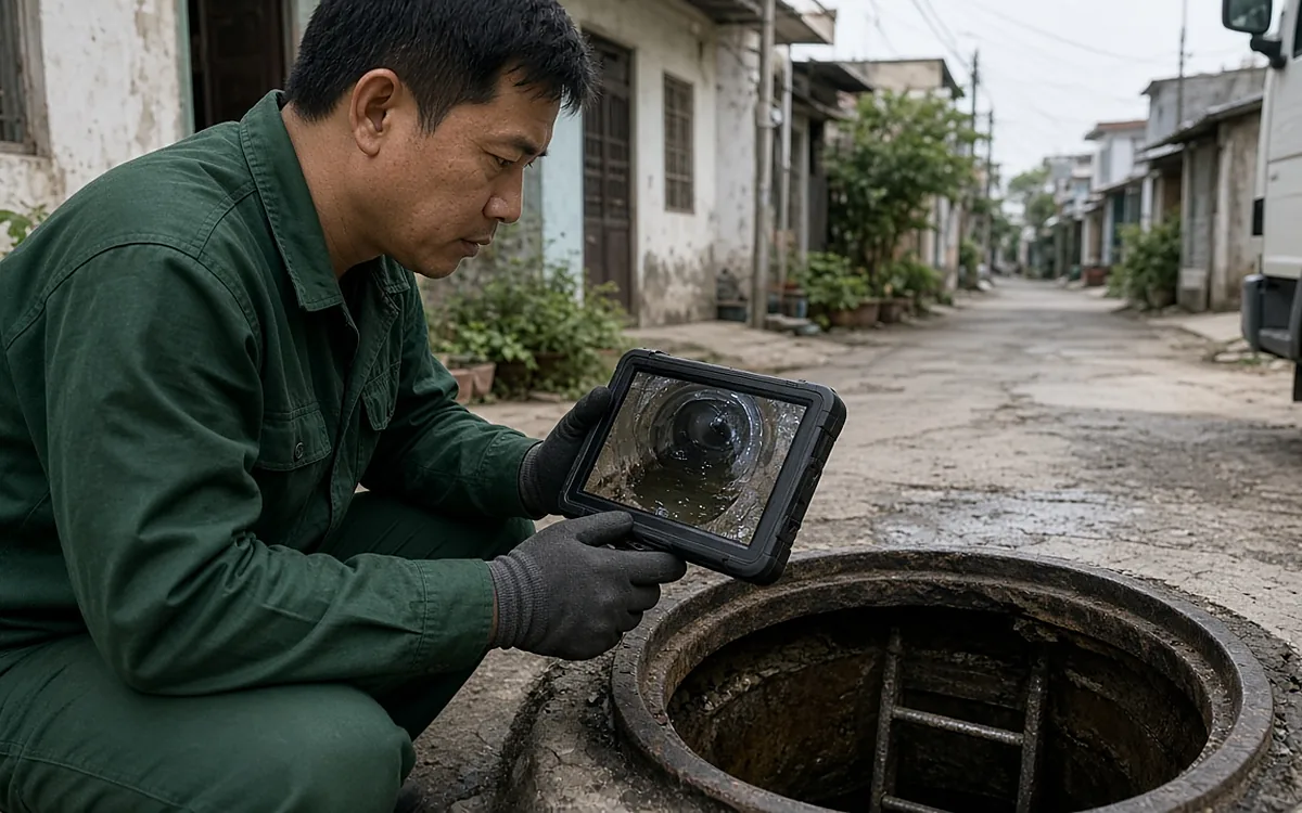 Kỹ thuật viên ngồi bên miệng hố ga mở nắp trong ngõ, cầm màn hình xem hình ảnh lòng ống từ camera nội soi để tìm nguyên nhân tắc tái diễn ở Kiến An