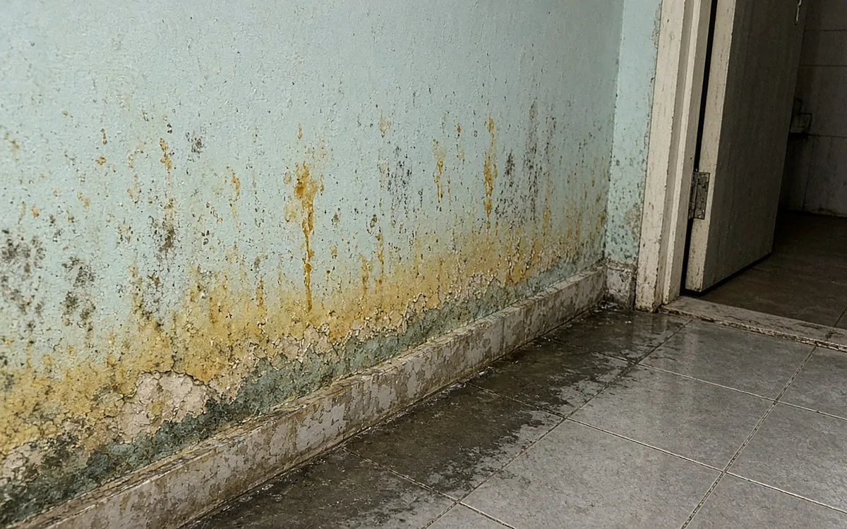 Chân tường sơn xanh nhạt cạnh cửa nhà vệ sinh bị ẩm, bong tróc sơn, có các vệt ố vàng nâu và đốm mốc đen, nền gạch xám phía trước ướt sẫm dọc theo mạch gạch