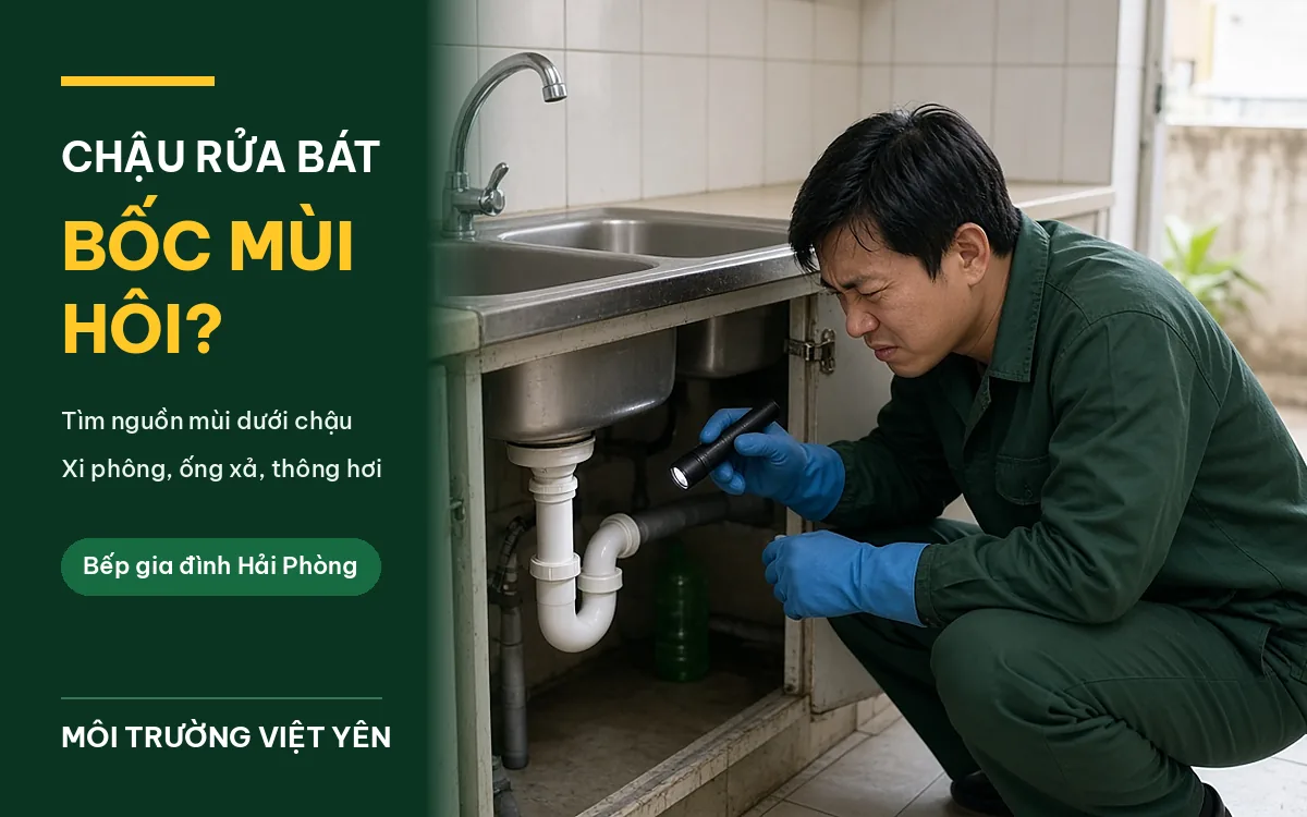 Kỹ thuật viên đồng phục xanh đậm, găng tay xanh dương ngồi soi đèn pin vào xi phông nhựa trắng dưới chậu rửa bát inox hai hố để tìm nguồn mùi hôi, ảnh bìa chậu rửa bát bốc mùi
