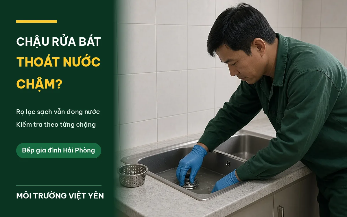 Kỹ thuật viên mặc đồng phục xanh đậm, đeo găng tay xanh dương kiểm tra lỗ thoát của chậu rửa bát inox hai hố còn đọng nước, rọ lọc đã tháo đặt trên mặt bếp, ảnh bìa chậu rửa bát thoát nước chậm