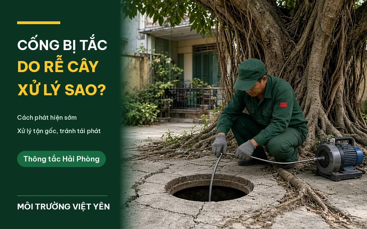 Kỹ thuật viên mặc đồng phục xanh đậm, đội mũ lưỡi trai, đeo găng tay xám ngồi xổm luồn dây lò xo xuống hố ga tròn trên sân bê tông nứt, cạnh gốc cây lớn có rễ trồi lên mặt sân, máy thông tắc đặt bên phải, ảnh bìa bài cống bị tắc do rễ cây