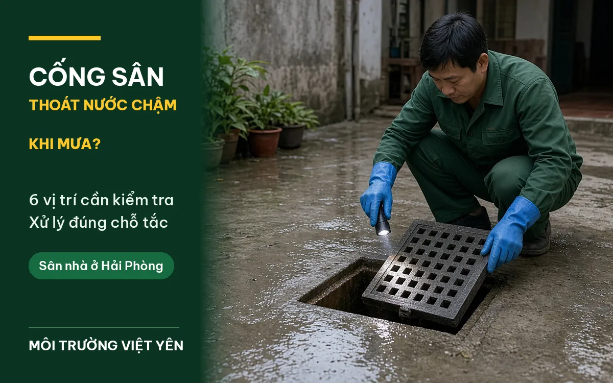Kỹ thuật viên mặc đồng phục xanh đậm, găng tay xanh dương ngồi xổm trên sân bê tông còn ướt sau mưa, nhấc tấm ga thu nước bằng gang và rọi đèn pin vào lòng cống, ảnh bìa cống sân thoát nước chậm khi mưa