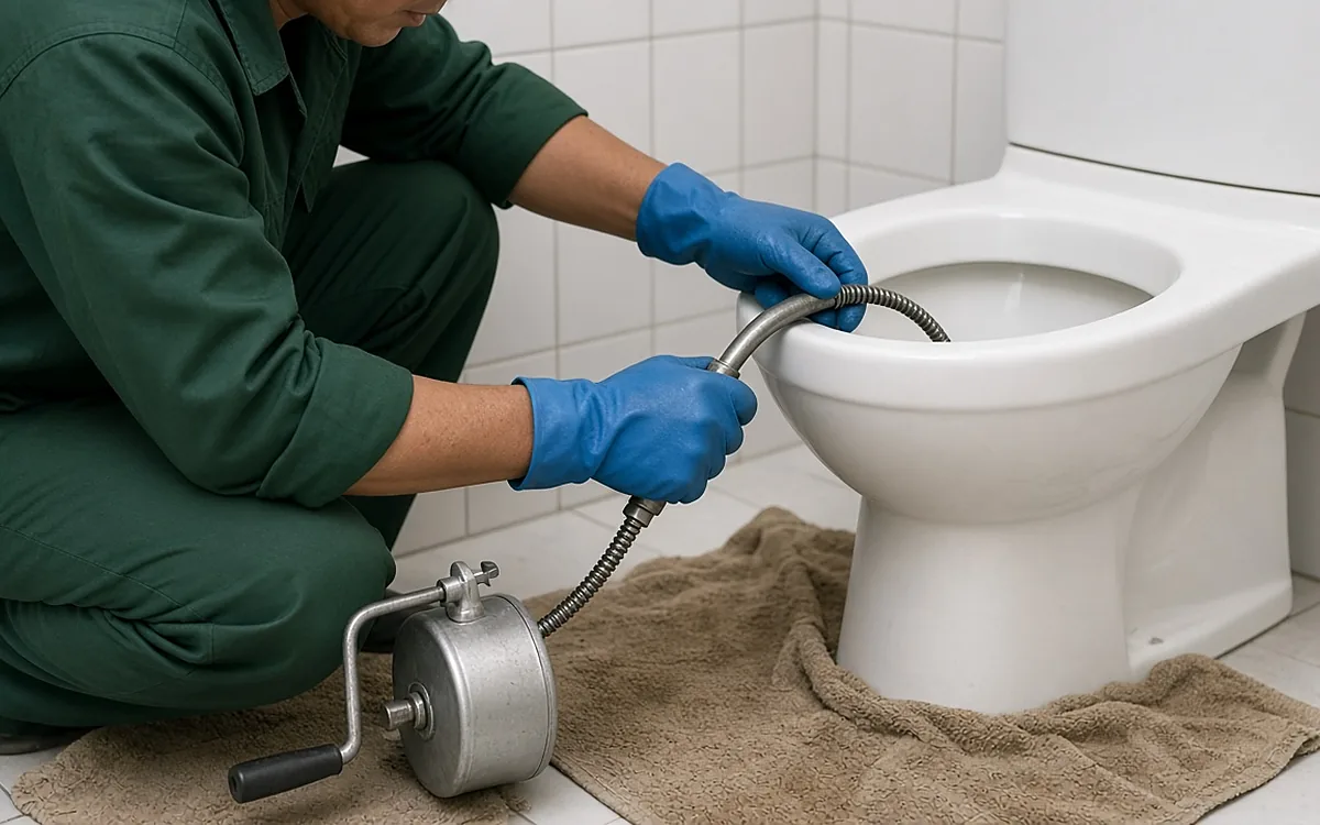 Kỹ thuật viên đồng phục xanh đậm đeo găng tay cao su xanh dương ngồi xổm cạnh bồn cầu trắng, đưa dây lò xo kim loại của dụng cụ thông bồn cầu quay tay vào lỗ thoát, khăn nâu trải quanh chân bồn cầu trên sàn gạch trắng