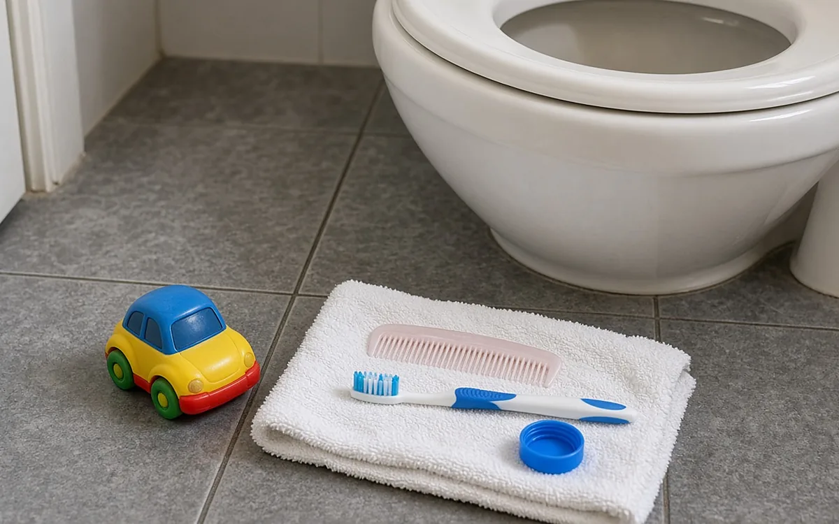 Xe đồ chơi nhựa nhiều màu, lược nhựa hồng, bàn chải đánh răng và nắp chai xanh đặt trên khăn trắng cạnh bồn cầu trên sàn gạch xám, các dị vật thường gặp khiến bồn cầu bị tắc