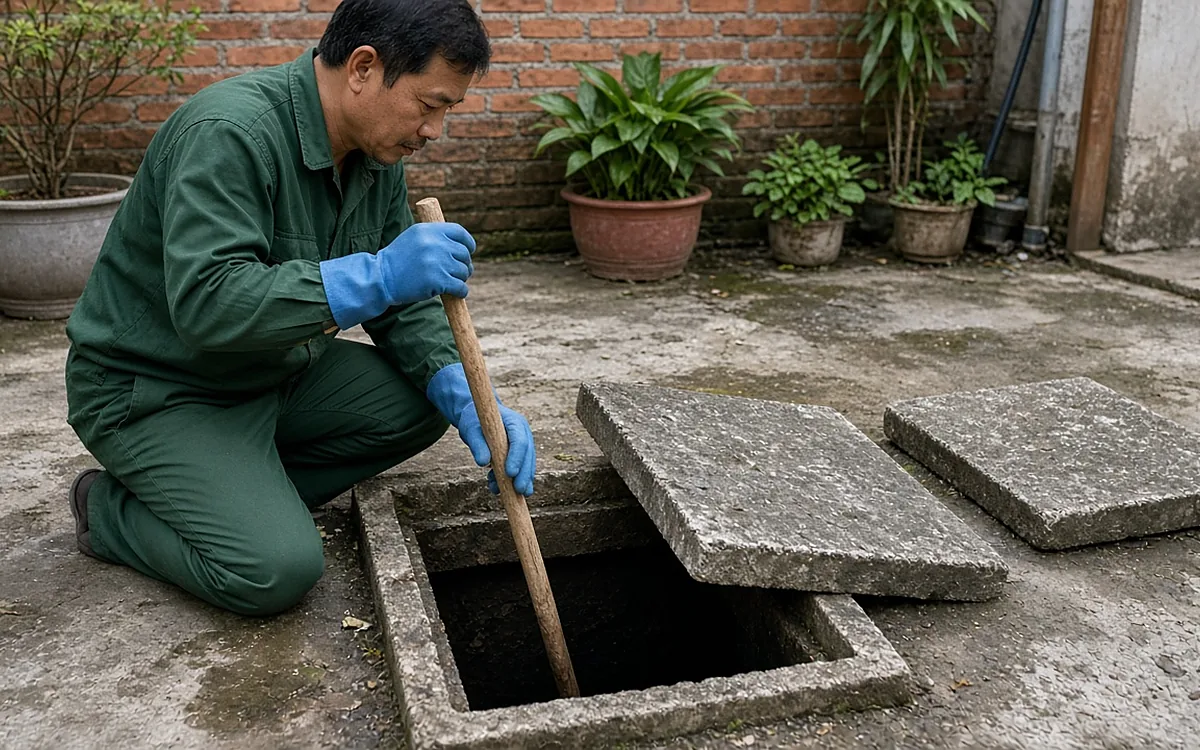 Công nhân mặc đồng phục xanh lá, đeo găng tay xanh dương quỳ ở sân sau, thả cây gậy gỗ dài xuống miệng bể phốt bê tông đã mở để kiểm tra độ dày lớp bùn, hai tấm nắp bê tông đặt bên cạnh, phía sau là tường gạch và các chậu cây cảnh