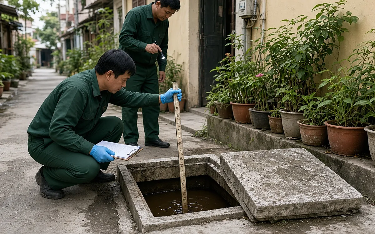 Kỹ thuật viên đồng phục xanh đậm, găng tay xanh dương ngồi xổm trong ngõ nhỏ cạnh nhà, cầm cây thước đo dài thả xuống bể phốt bê tông đã mở nắp để đo mực nước, tay kia cầm bìa kẹp hồ sơ, một người đồng nghiệp đứng phía sau cầm đèn pin, dọc tường là các chậu cây