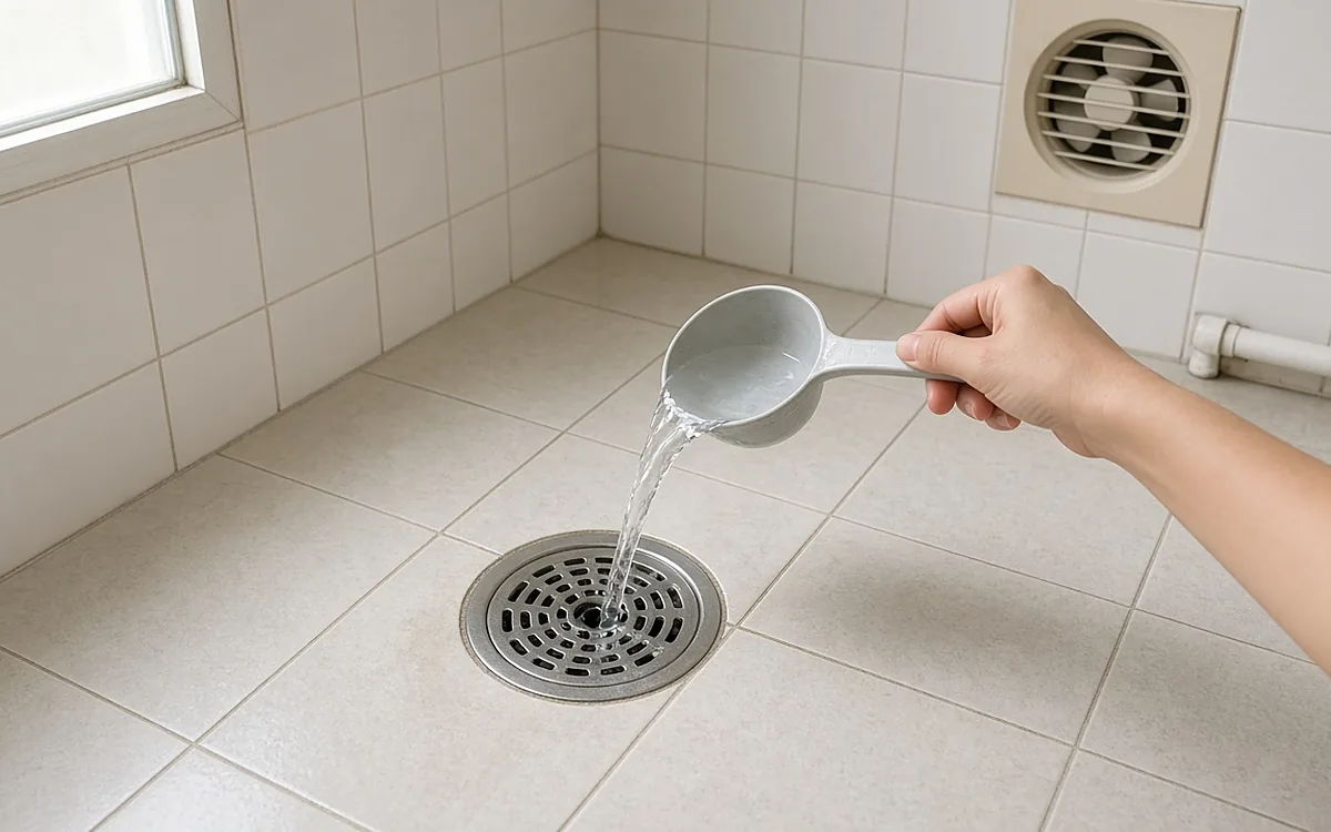Bàn tay cầm gáo nhựa đổ nước vào thoát sàn tròn trong một phòng tắm nhỏ lát gạch màu kem ít người dùng, phía trên có quạt hút gió gắn tường và cửa sổ nhỏ lấy sáng