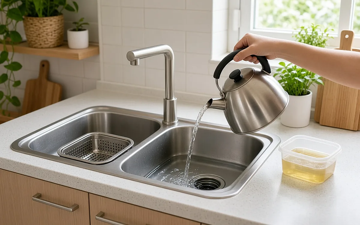 Tay người phụ nữ dội nước ấm từ ấm inox vào lỗ thoát của chậu rửa bát inox hai hố sạch sẽ, rọ lọc đặt sẵn trong hố bên cạnh, hộp nhựa đựng dầu ăn thừa đặt trên mặt bếp sáng sủa