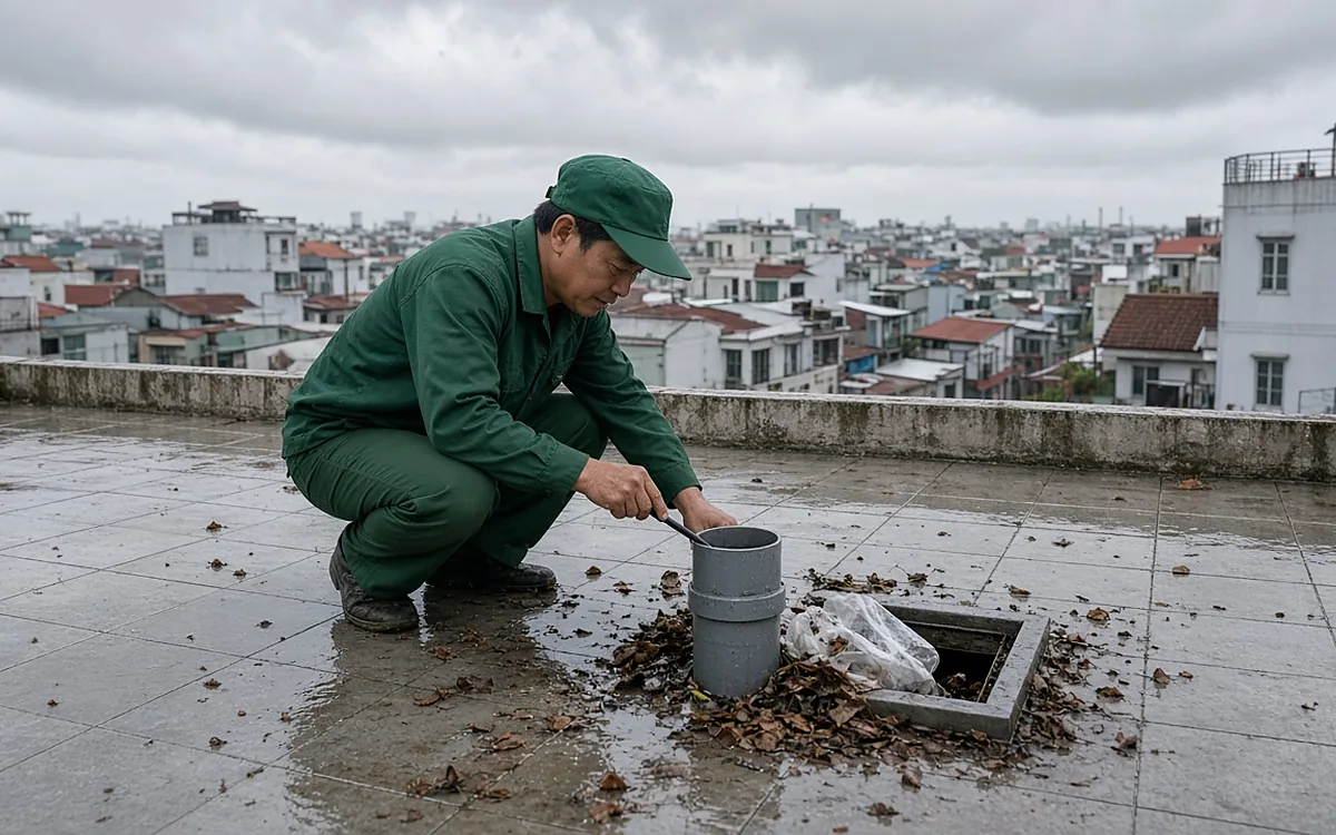 Kỹ thuật viên đồng phục xanh đậm ngồi trên sân thượng ướt nước mưa, dọn lá khô và túi ni lông ở miệng ống thông hơi nhựa xám và phễu thu nước mái, phía sau là các mái nhà khu dân cư