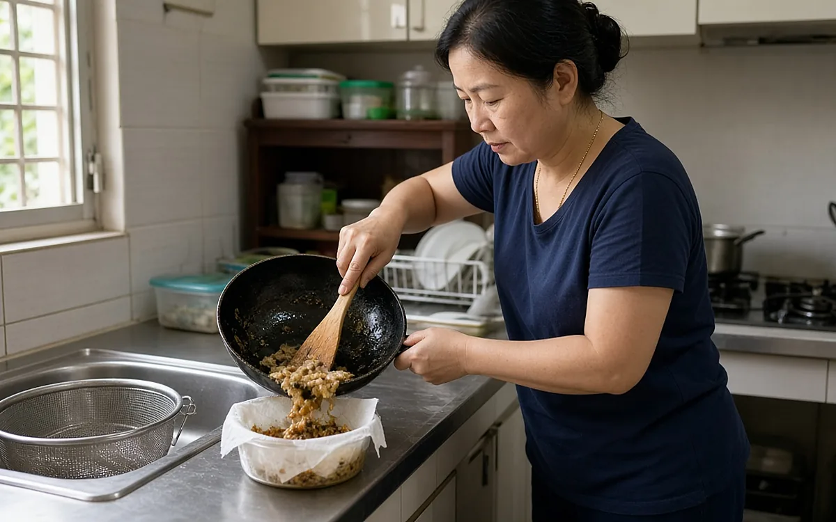 Người phụ nữ trong căn bếp gia đình dùng xẻng gỗ gạt thức ăn thừa và dầu mỡ từ chảo vào hộp nhựa lót giấy thấm bên cạnh chậu rửa bát inox có rọ lọc