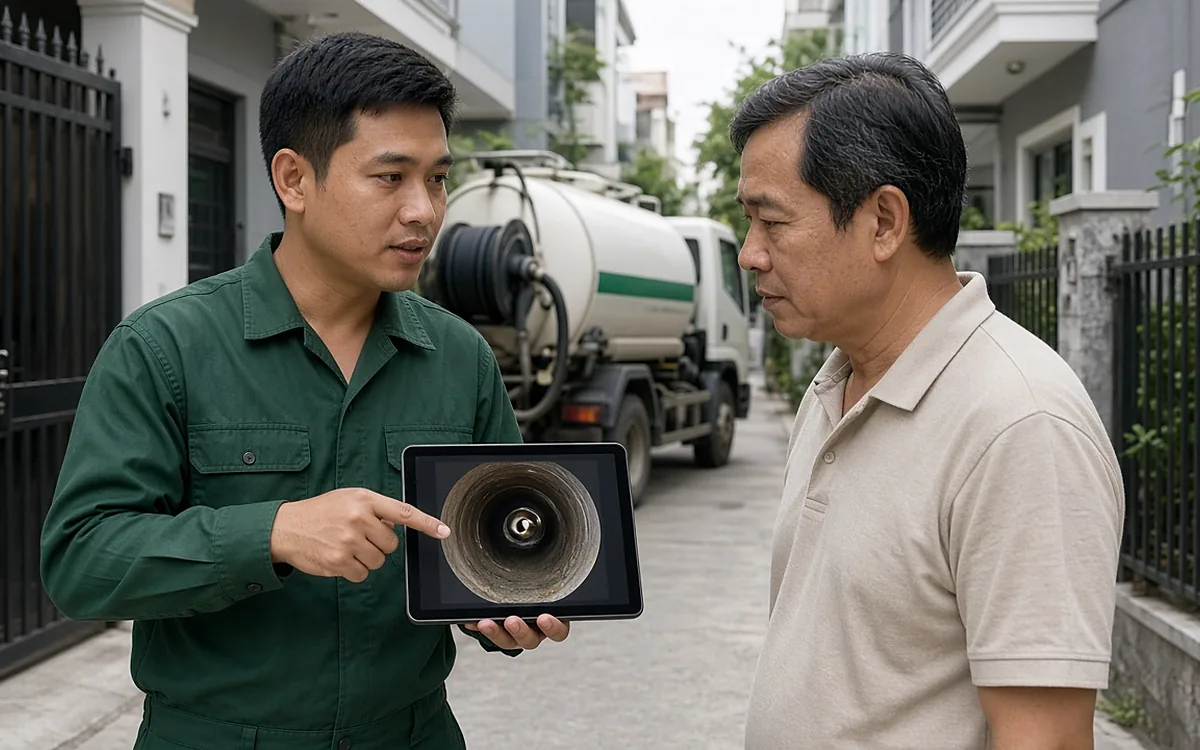 Kỹ thuật viên mặc áo đồng phục xanh lá đứng trước cổng nhà phố, chỉ tay vào máy tính bảng hiển thị hình ảnh lòng ống thoát nước để giải thích cho người đàn ông trung niên là chủ nhà, phía sau là xe hút chất thải màu trắng có sọc xanh
