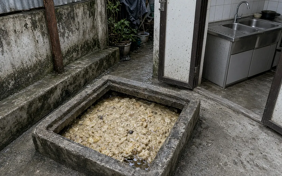 Hố ga bê tông vuông đã mở nắp ở sân sau nhà dân, mặt nước bị phủ kín một lớp mỡ đông màu vàng nâu nổi thành từng cục, qua khung cửa phía sau thấy bồn rửa bát inox hai hố trong gian bếp