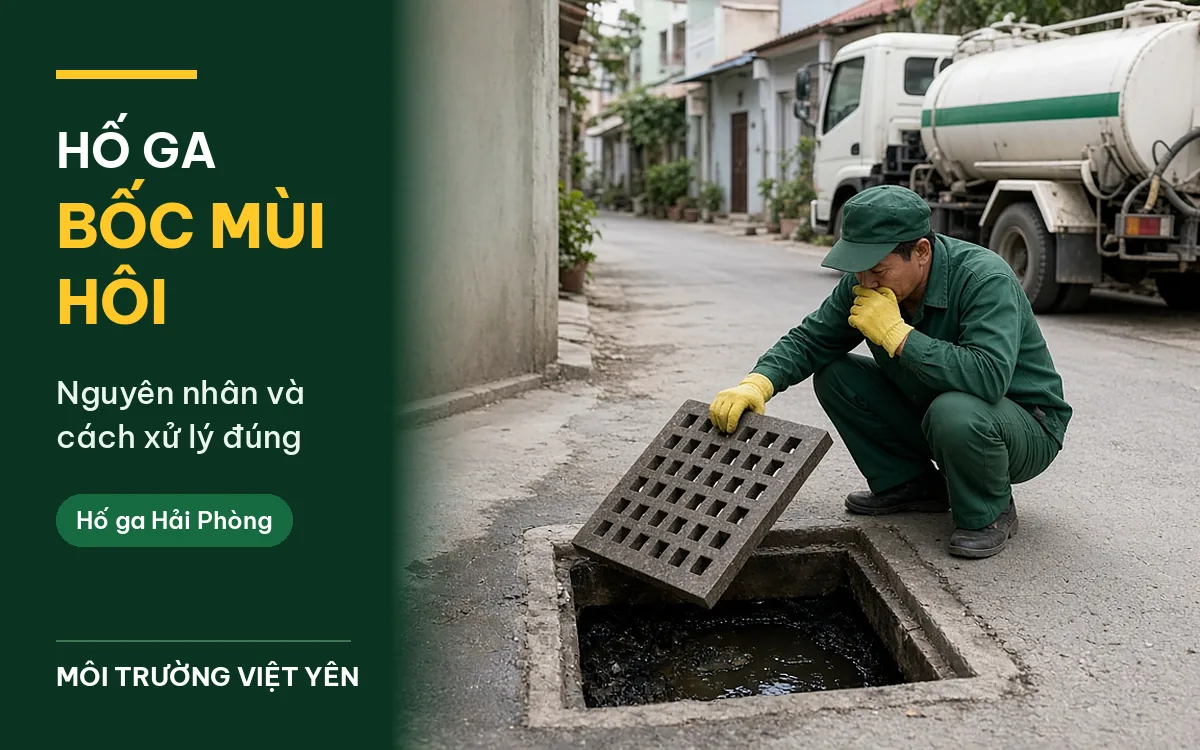 Kỹ thuật viên mặc đồng phục xanh lá đậm, đội mũ lưỡi trai, đeo găng tay vàng ngồi xổm bên hố ga trong ngõ, một tay nhấc tấm nắp lưới gang, một tay bịt mũi vì mùi hôi, dưới hố là nước đen lẫn cặn, phía sau là xe bồn trắng sọc xanh, ảnh bìa bài hố ga bốc mùi