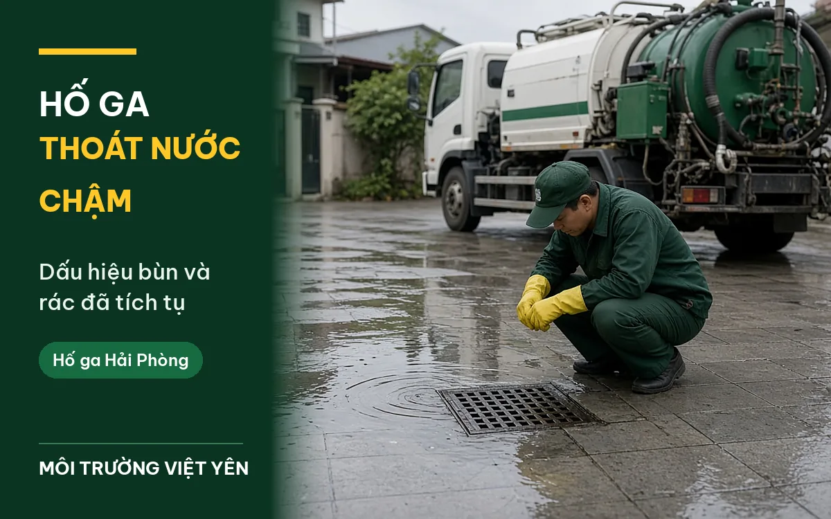 Kỹ thuật viên mặc đồng phục xanh lá đậm, đội mũ lưỡi trai, đeo găng tay vàng ngồi xổm bên tấm lưới thu nước vuông trên sân lát gạch, nước mưa còn đọng thành vũng quanh miệng hố ga, phía sau là xe hút chuyên dụng cabin trắng, bồn chứa trắng sọc xanh và xanh lá, ảnh bìa bài hố ga thoát nước chậm