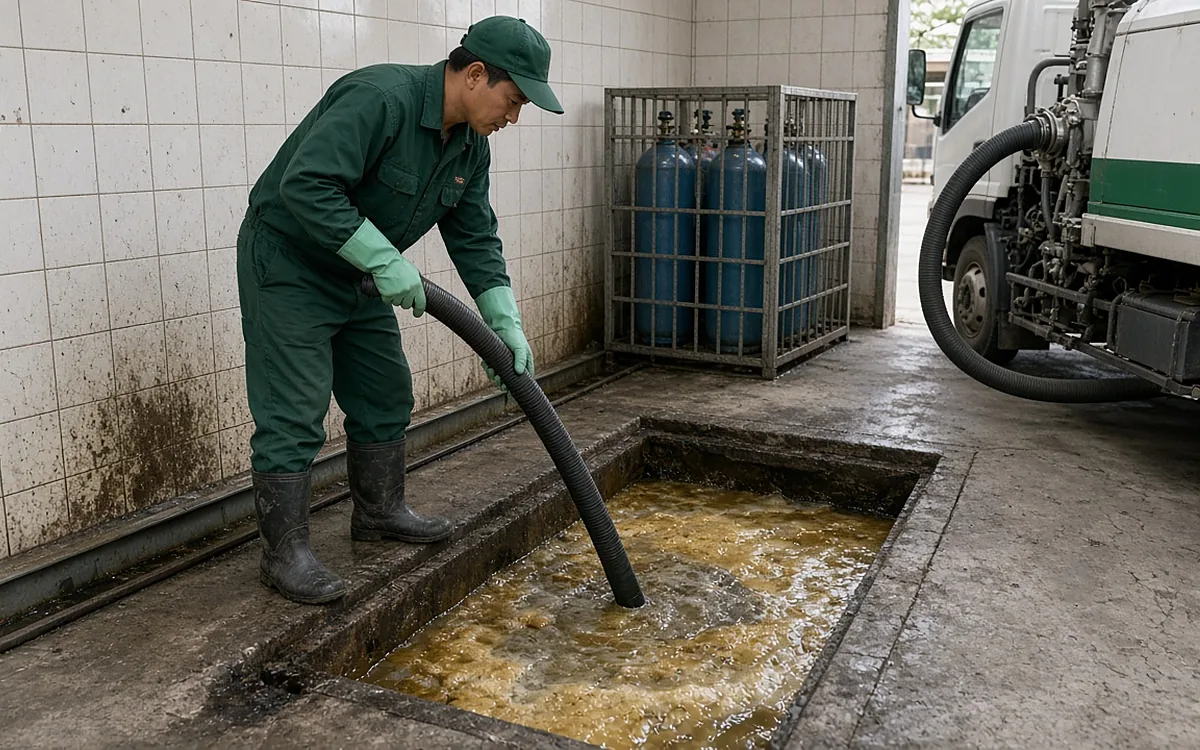 Kỹ thuật viên đi ủng, đeo găng dùng ống hút của xe chuyên dụng hút lớp mỡ đặc trong bẫy mỡ phía sau bếp ăn ca của nhà máy tại khu công nghiệp An Dương
