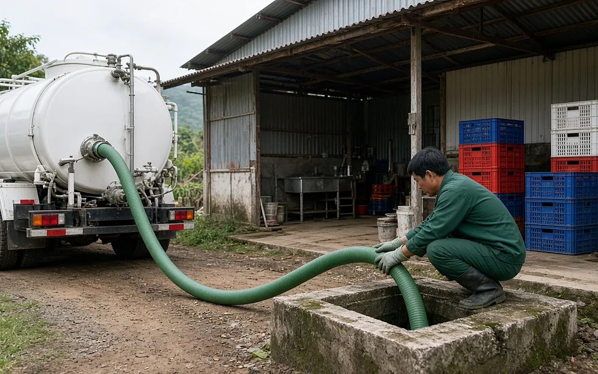 Kỹ thuật viên đưa ống hút từ xe vào bể phốt bê tông vuông cạnh nhà xưởng có két nhựa ở Vĩnh Bảo