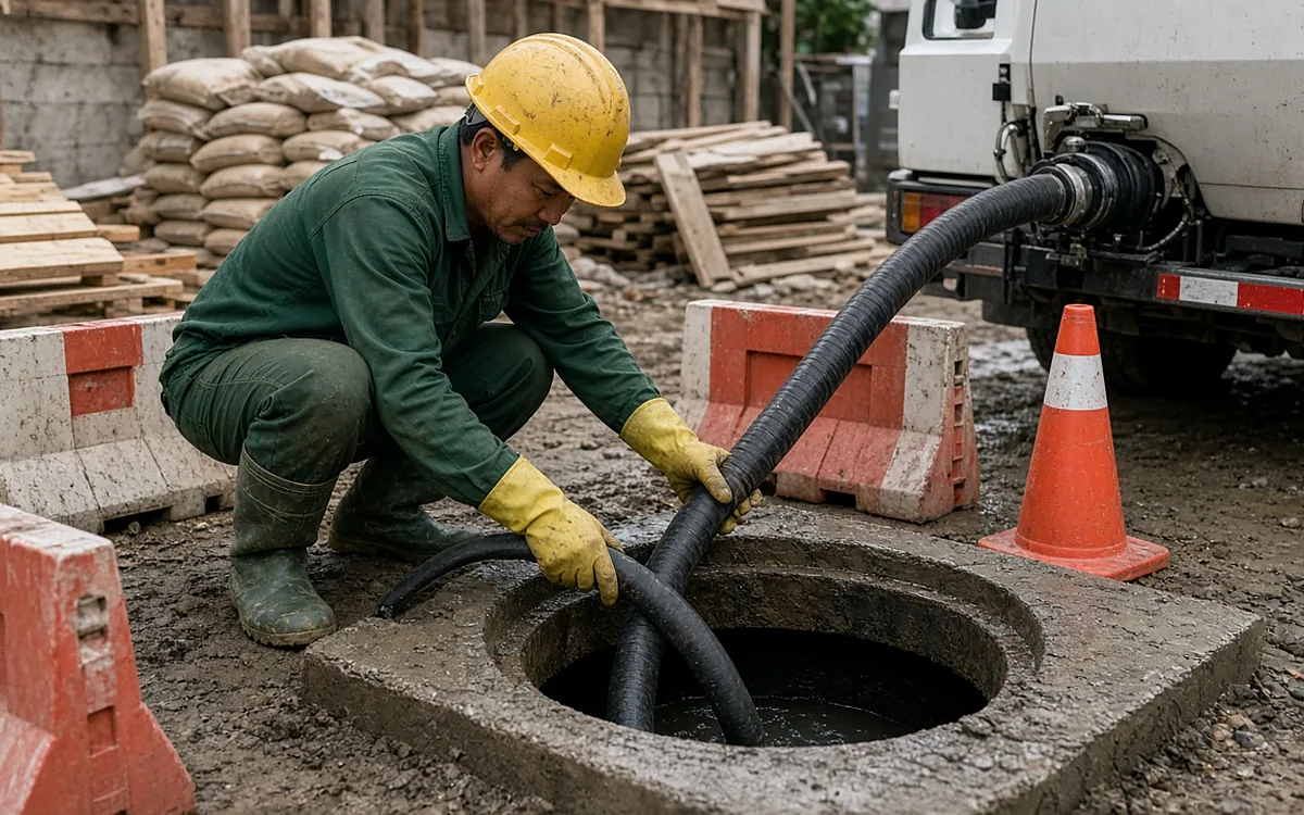 Công nhân đồng phục xanh đậm, mũ bảo hộ vàng, găng tay vàng quỳ bên miệng hố bê tông tròn đưa ống hút đen vào trong; xung quanh có rào chắn nhựa đỏ trắng và cọc tiêu màu cam, phía sau là bao xi măng, cốp pha gỗ và đuôi xe hút màu trắng