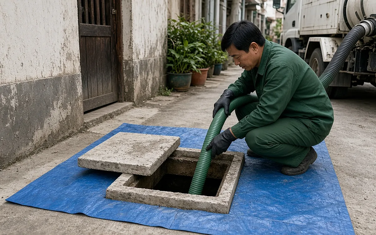 Kỹ thuật viên hút bể phốt không đục phá, đưa ống hút qua nắp bể bê tông có sẵn trên bạt lót tại nhà dân ở An Dương