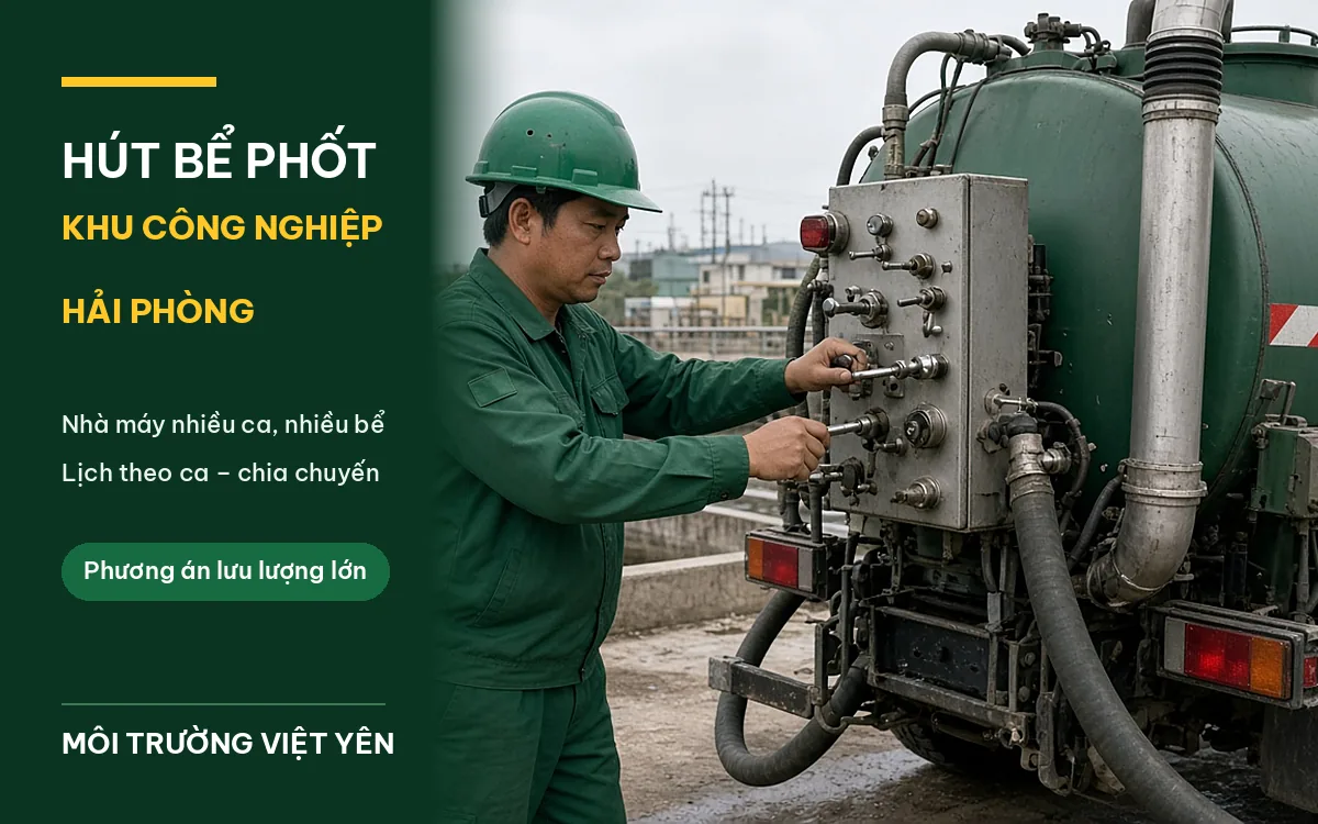 Xe hút bể phốt trắng sọc xanh của Môi Trường Việt Yên đỗ trên đường nội bộ khu công nghiệp cạnh khu nhà vệ sinh nhà máy, hai kỹ thuật viên đồng phục xanh đậm mũ xanh làm việc tại miệng hầm, cọc tiêu cam, ảnh bìa hút bể phốt khu công nghiệp Hải Phòng