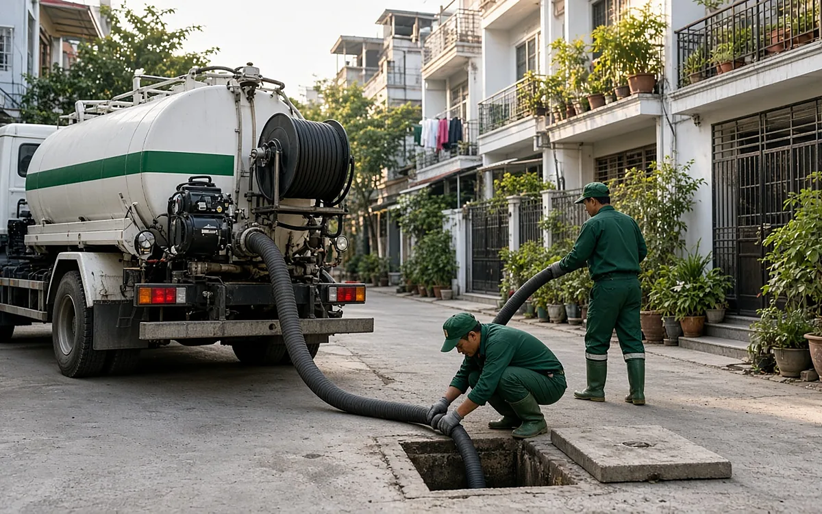 Xe hút bể phốt màu trắng sọc xanh đỗ đầu ngõ khu dân cư, ống hút màu đen kéo dọc ngõ tới miệng bể đang mở trước nhà phố ba tầng, một công nhân đồng phục xanh đậm đeo găng tay giữ đầu ống tại miệng bể, người còn lại đi ủng cao su đỡ ống phía sau