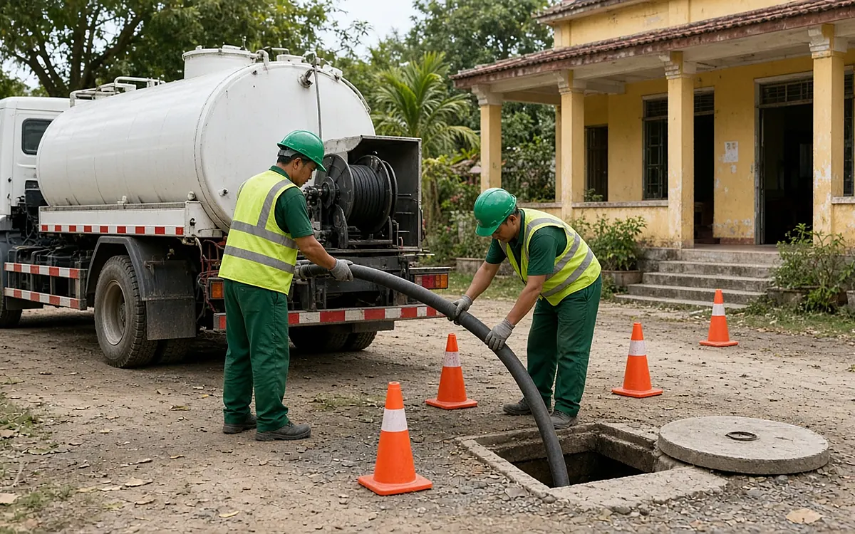 Hai công nhân áo phản quang đặt cọc cảnh báo và đưa ống hút vào bể phốt trong sân công trình công cộng ở Tiên Lãng