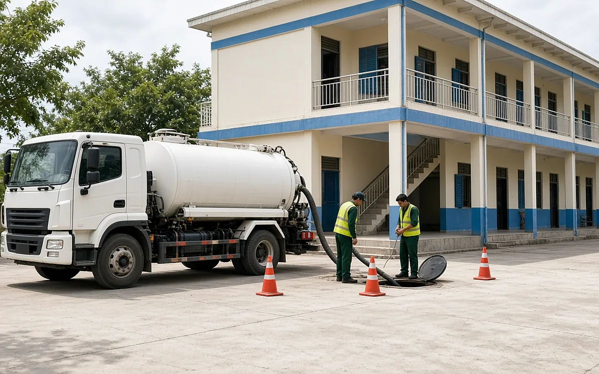 Hai công nhân áo phản quang đặt cọc cảnh báo, đưa ống hút từ xe hút bể phốt xuống bể trong sân trường học ở Vĩnh Bảo