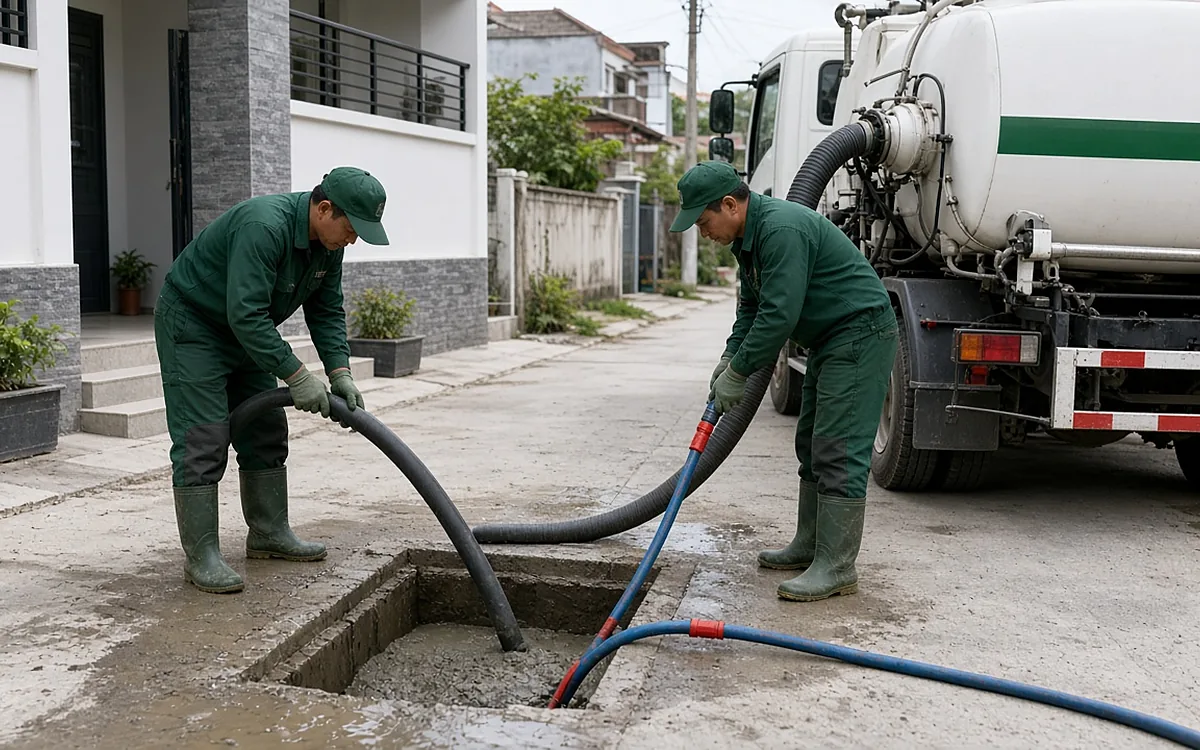 Hai công nhân mặc đồng phục xanh đậm, đội mũ lưỡi trai, đi ủng cao su cầm ống hút đen nối từ xe bồn trắng sọc xanh lá đưa vào hố ga mở nắp đầy bùn cát xám trong ngõ nhà dân, ống nước áp lực cao màu xanh dương đặt trên mặt đường