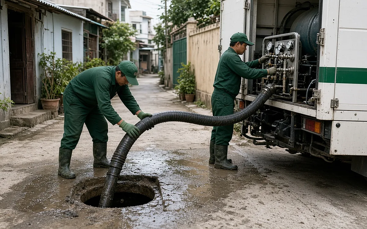 Hai công nhân mặc đồng phục xanh lá đậm, đội mũ lưỡi trai, đi ủng cao su, một người cầm ống hút màu đen cỡ lớn đưa vào miệng hố ga tròn trên nền ngõ ướt, người còn lại đứng cạnh xe hút màu trắng sọc xanh điều chỉnh van và đồng hồ áp suất