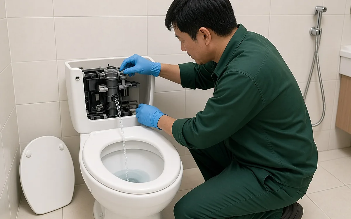 Phòng tắm ốp gạch sáng màu, kỹ thuật viên đồng phục xanh đậm đeo găng tay xanh dương quỳ cạnh bồn cầu trắng đã tháo nắp két nước, kiểm tra cụm van xả bên trong trong khi một dòng nước nhỏ chảy liên tục xuống lòng bồn cầu