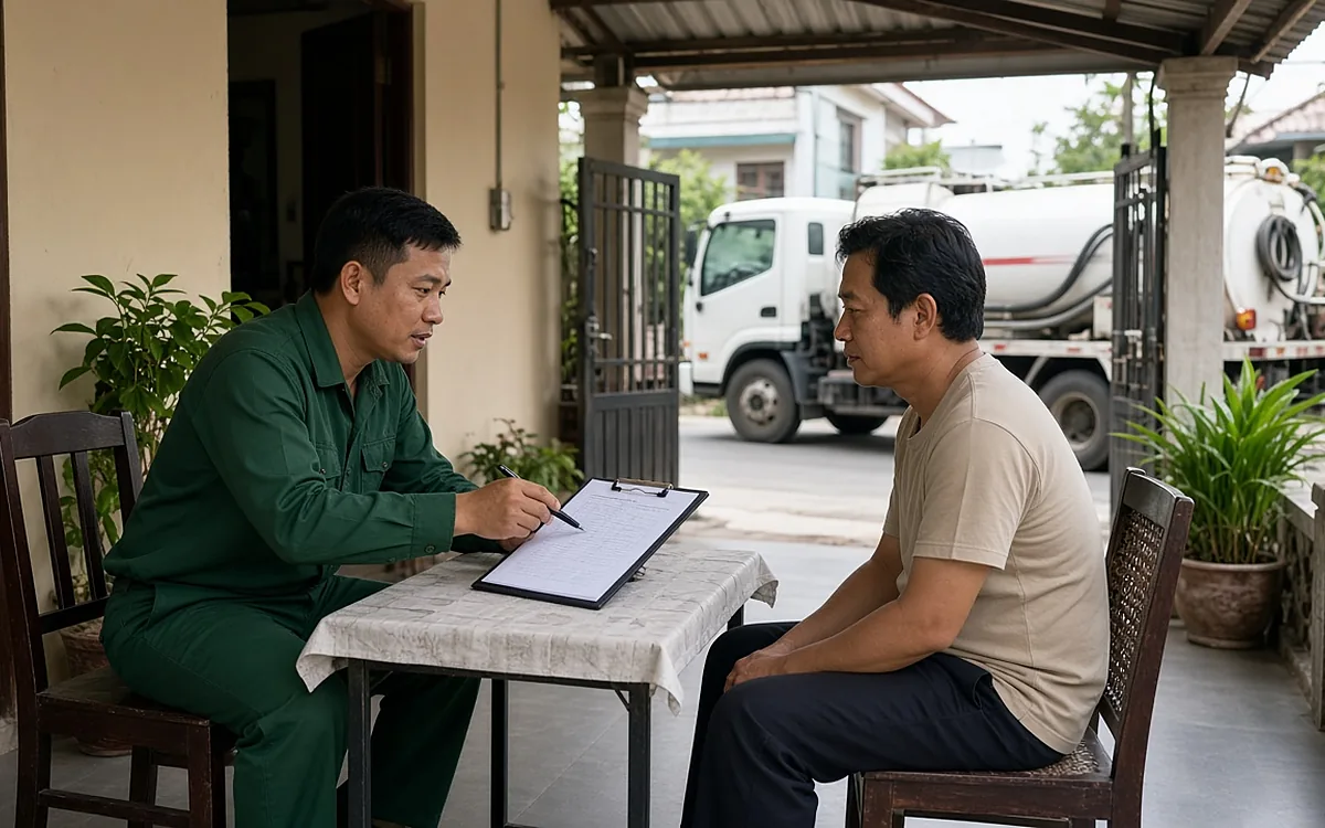Kỹ thuật viên cầm bảng ghi chép tư vấn và báo giá hút bể phốt cho chủ nhà tại hiên nhà ở Tiên Lãng