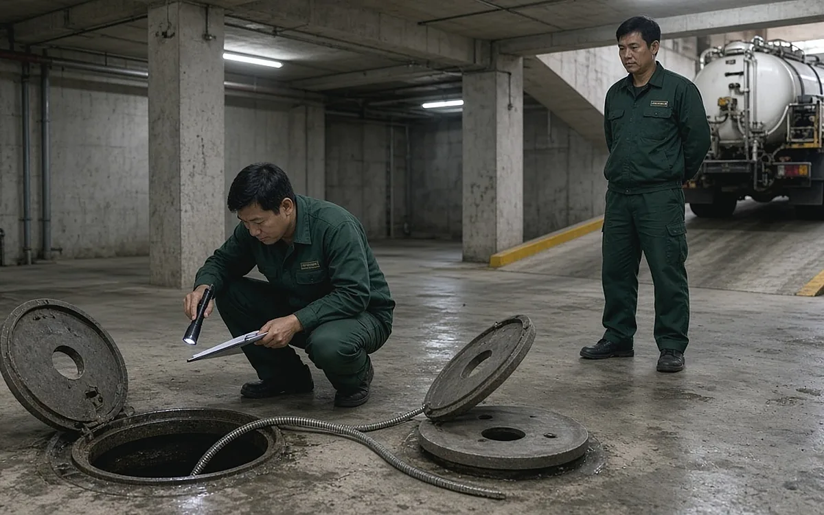 Kỹ thuật viên Môi Trường Việt Yên đồng phục xanh lá kiểm tra miệng bể phốt bằng đèn pin và thước đo cạnh khu nhà vệ sinh cơ sở y tế, nhân viên hành chính áo blouse ghi chép bên cạnh