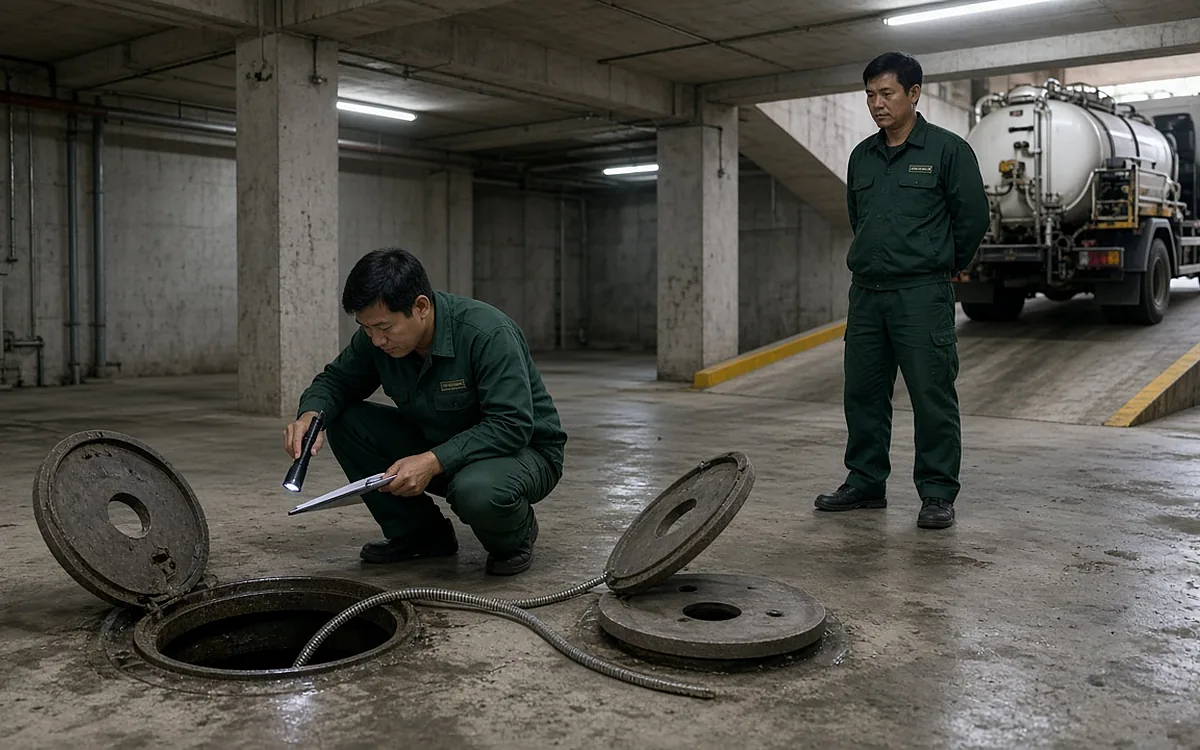 Kỹ thuật viên Môi Trường Việt Yên đồng phục xanh lá soi đèn và ghi chép bên nắp hầm bể phốt mở ở tầng hầm chung cư, xe hút trắng đỗ trên dốc phía sau