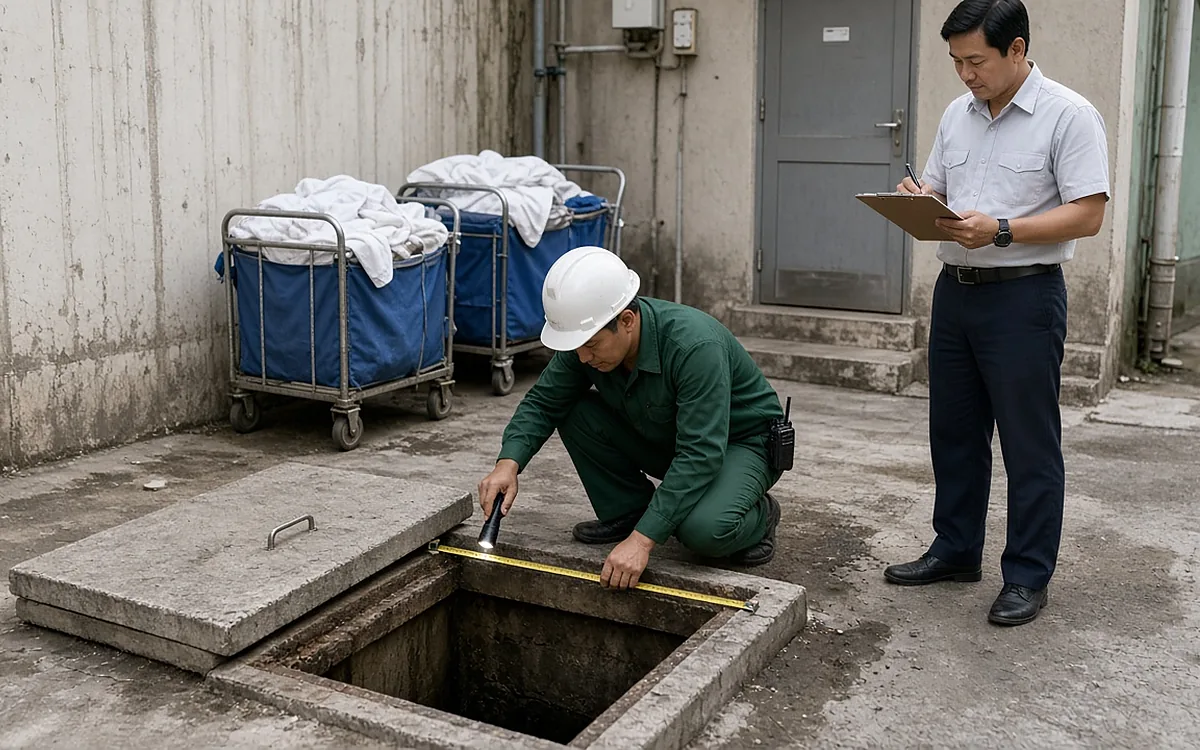 Kỹ thuật viên Môi Trường Việt Yên đồng phục xanh đậm mũ trắng quỳ đo miệng hầm bể phốt bằng thước dây vàng và đèn pin tại hành lang kỹ thuật khách sạn, nhân viên cơ sở cầm clipboard ghi chép, xe giặt là xanh phía sau