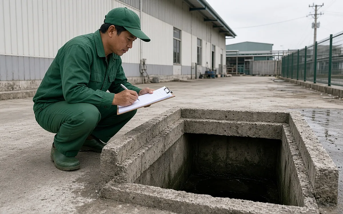 Kỹ thuật viên Môi Trường Việt Yên đồng phục xanh đậm, mũ bảo hộ trắng quỳ bên hố ga bê tông chữ nhật đang mở, dùng đèn pin và thước dây vàng đo bể phốt nhà máy, nhân viên nhà máy mặc áo phản quang ghi chép, dãy nắp hầm bê tông dọc tường xưởng