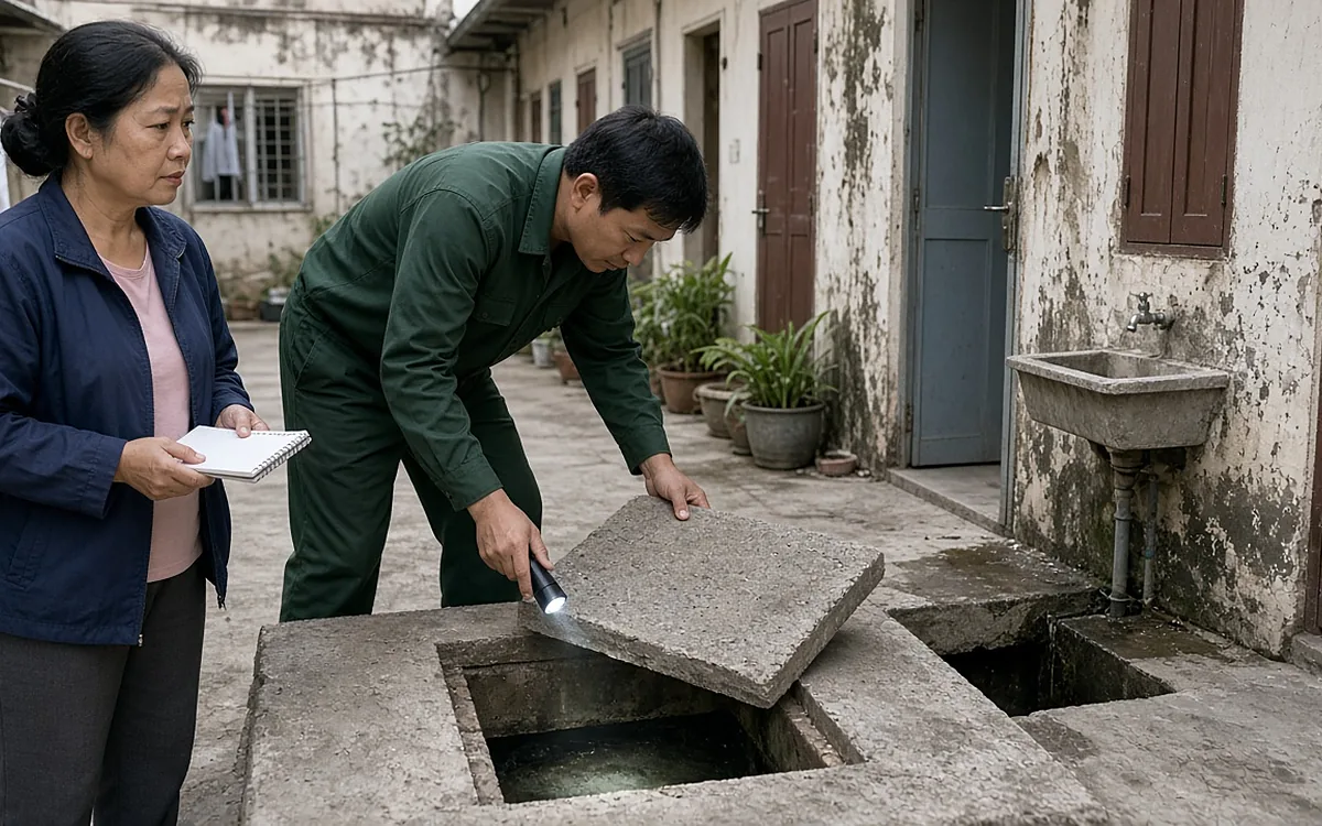 Chủ nhà trọ cầm sổ ghi chép đứng cạnh kỹ thuật viên Môi Trường Việt Yên áo xanh đậm đang nhấc tấm nắp bê tông vuông và soi đèn pin vào bể phốt trong sân chung khu nhà trọ, bồn rửa chung gắn tường và chậu cây phía sau