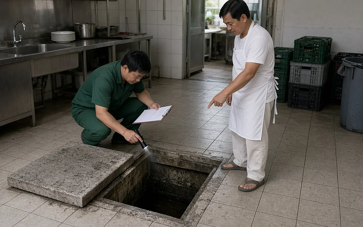 Kỹ thuật viên Môi Trường Việt Yên áo xanh đậm ngồi xổm soi đèn pin vào miệng hầm bể phốt bê tông vuông đang mở trên nền gạch khu bếp sau nhà hàng, tay cầm bìa kẹp hồ sơ, nhân viên bếp đeo tạp dề trắng chỉ tay vào hầm, sọt nhựa và thùng rác xám phía sau