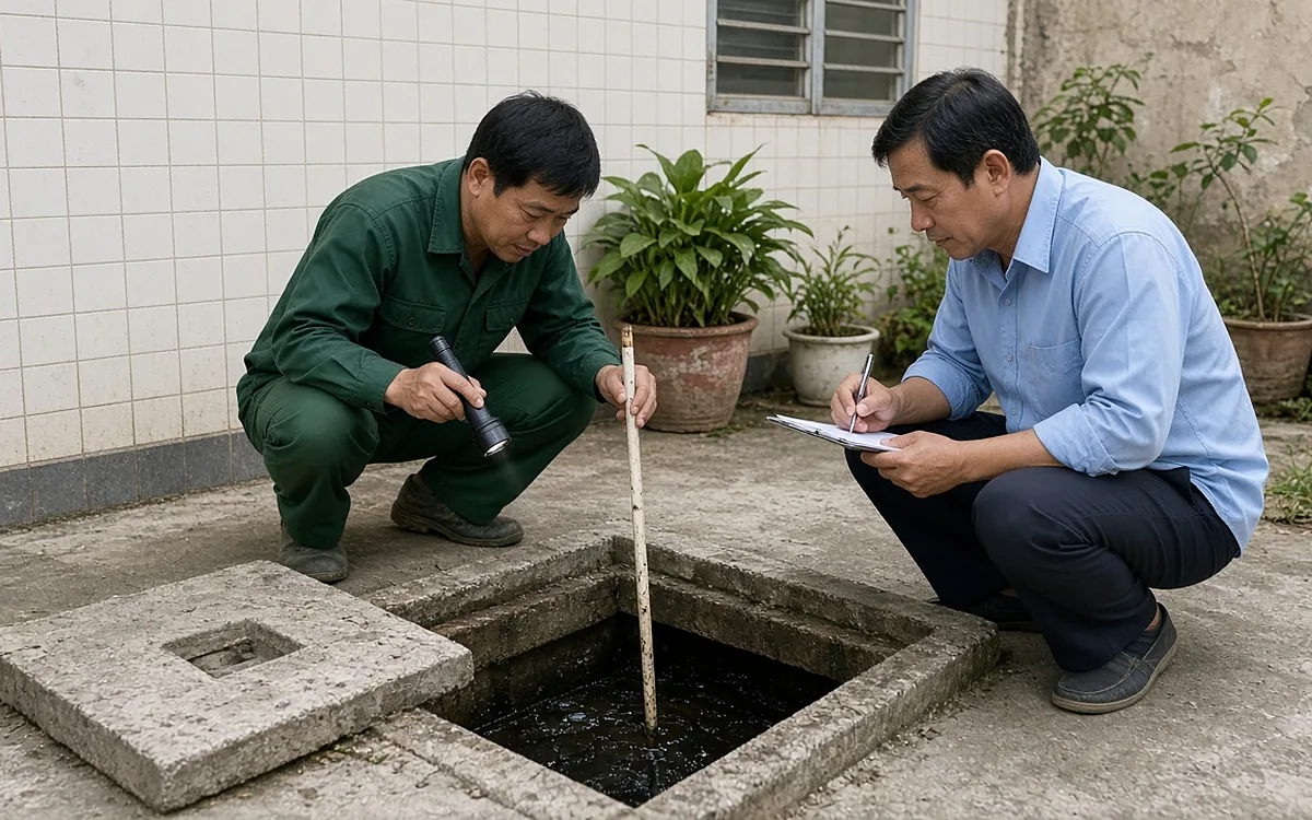 Kỹ thuật viên Môi Trường Việt Yên đồng phục xanh lá ngồi kiểm tra bể phốt mở bằng đèn pin và thước đo sau khối nhà vệ sinh trường học, nhân viên nhà trường áo xanh nhạt ghi chép bên cạnh